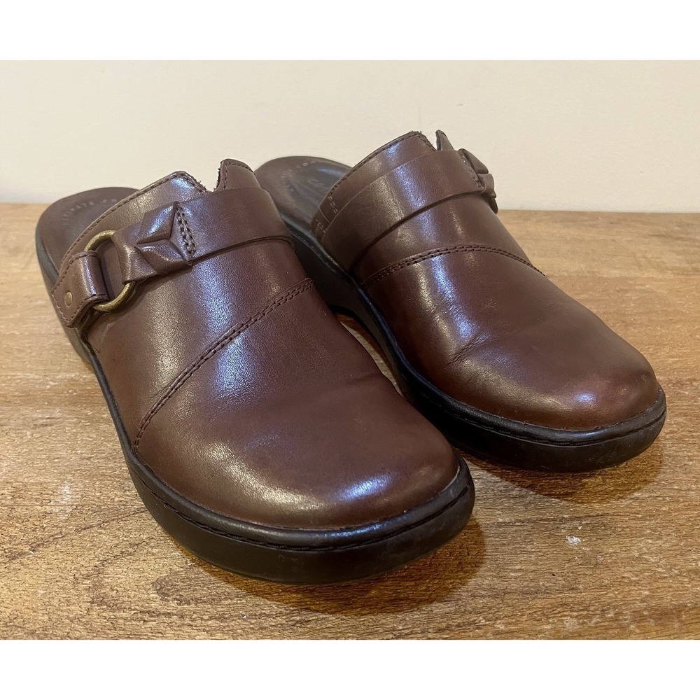 Clarks Womens Brown Leather Mules Clogs Slip On Shoes Buckle Comfort Work Sz 6.5